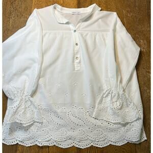 Civico 51 White Lined Eyelet Blouse Peasant Boho 100% Cotton  Sz L Made in Italy